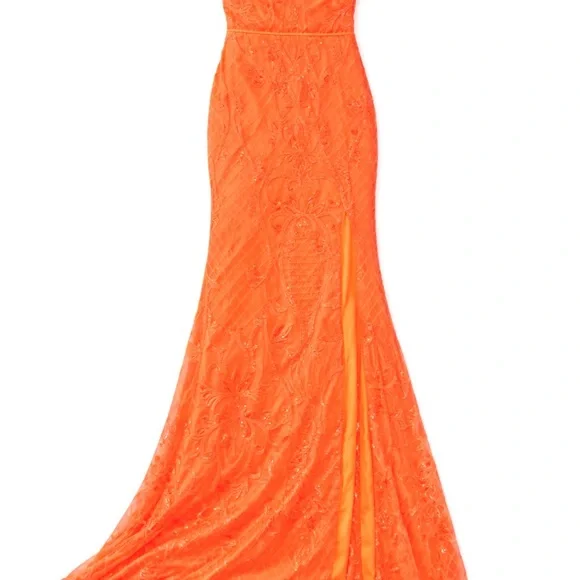Prom Neon Orange Lace Mermaid Gown | Lace-Up Back - Size 2 - Picture 5 of 6